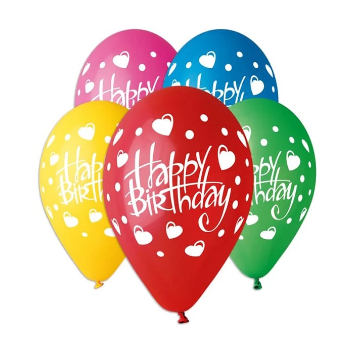 30 cm-es Happy Birthday szives printelt léggömb - 10 db / csomag