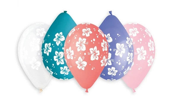 33 cm-es hibiszkuszos printelt gumi léggömb - 10 db / csomag