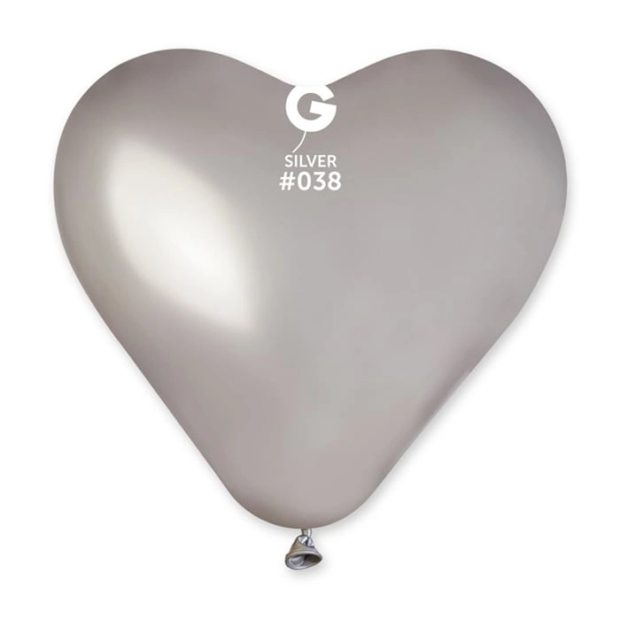 25 cm-es szív alakú metál ezüst színű gumi léggömb - 100 db / csomag