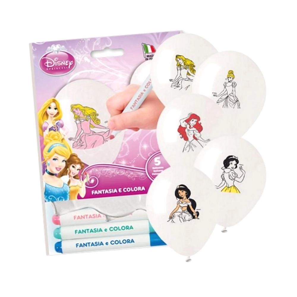 26 cm-es színezhető Princess gumi léggömb filccel - 5 db / csomag