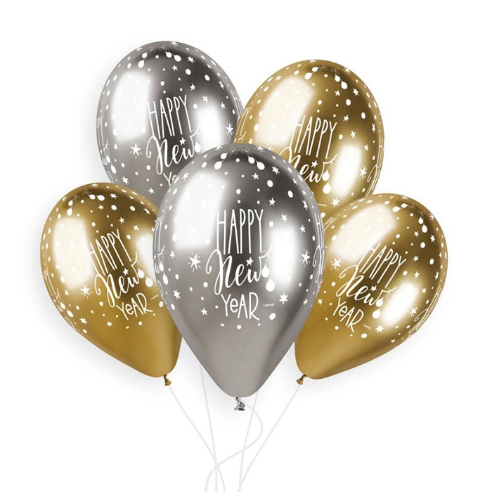 33 cm-es Happy New Year arany - ezüst Shiny gumi léggömb - 25 db / csomag