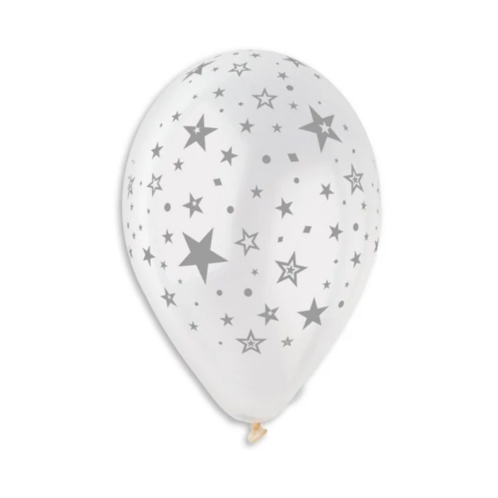 30 cm-es fekete-fehér színű, ezüst csillagos printelt gumi léggömb - 100 db / csomag