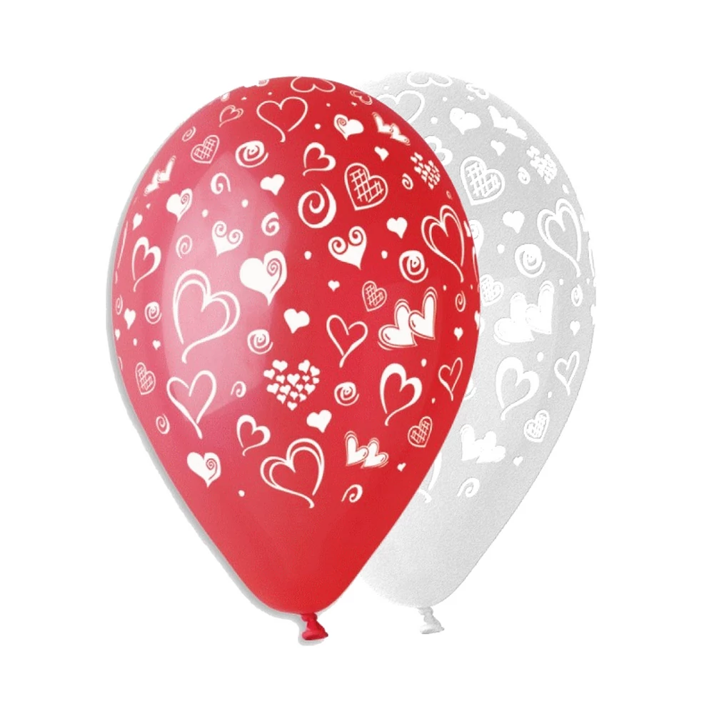 30 cm-es fehér-piros szív mintás printelt léggömb, 100 db