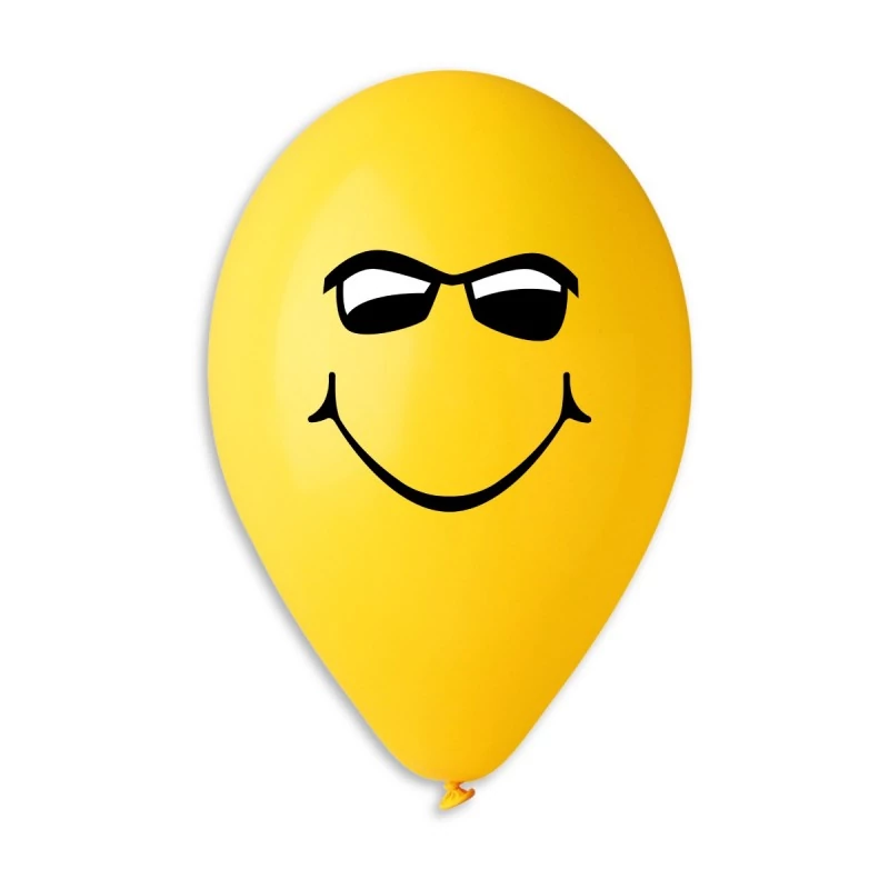 30 cm-es szemüveges sárga smiley printelt léggömb, 100 db