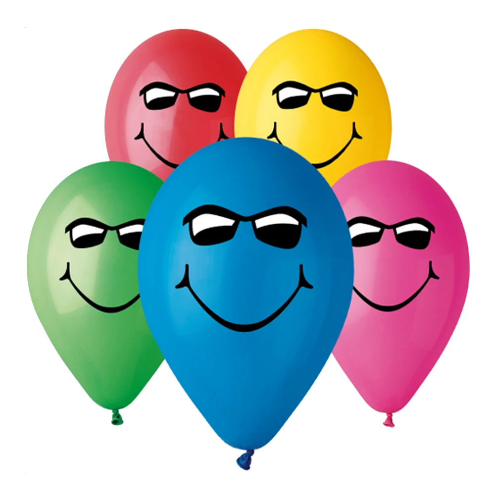 30 cm-es színes szemüveges smiley printelt gumi léggömb - 100 db / csomag