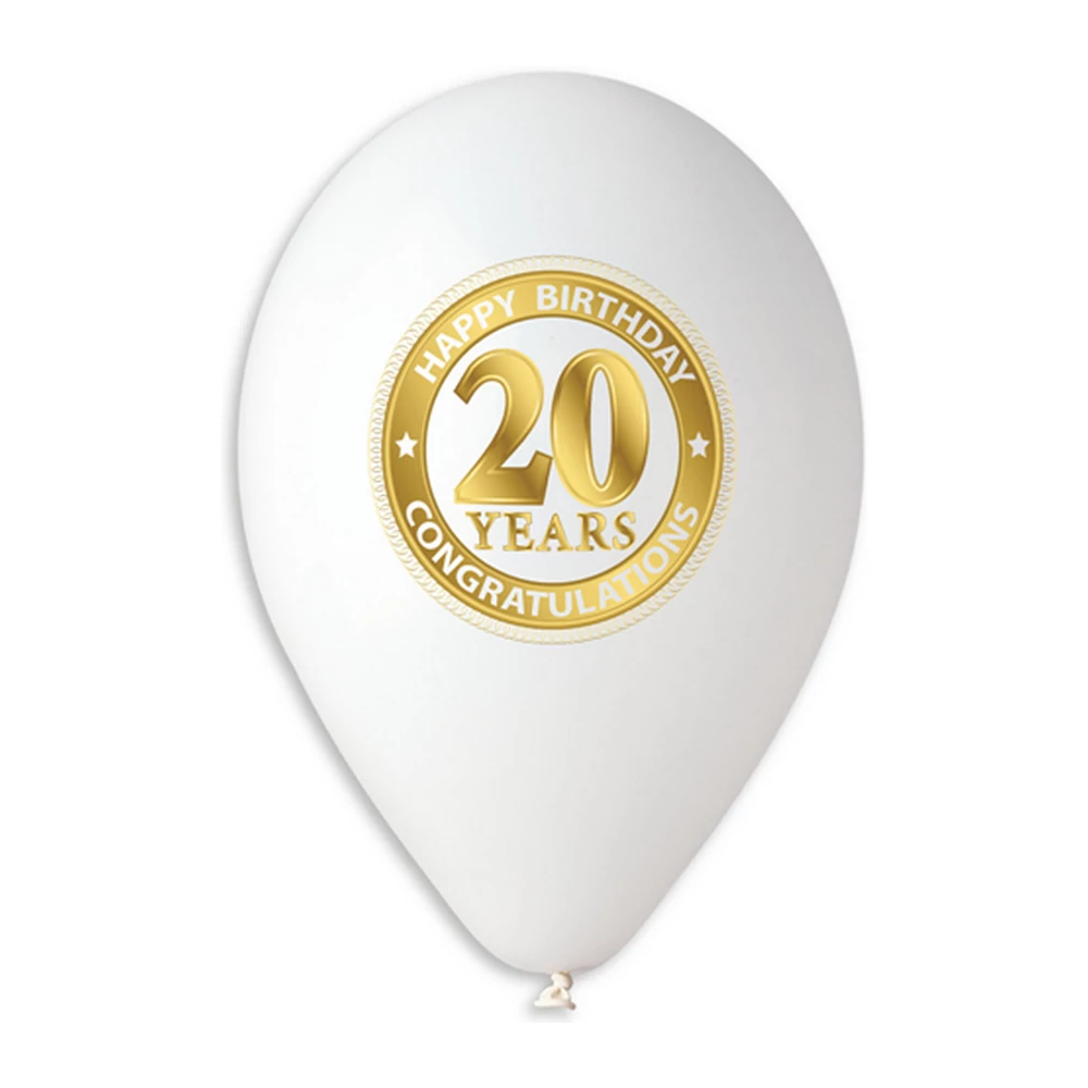 30 cm-es 20. születésnapra fehér gumi léggömb - 10 db / csomag