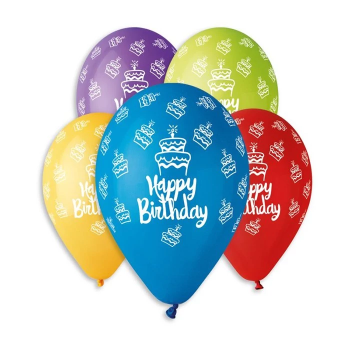 33 cm-es tortás Happy Birthday printelt gumi léggömb - 50 db / csomag