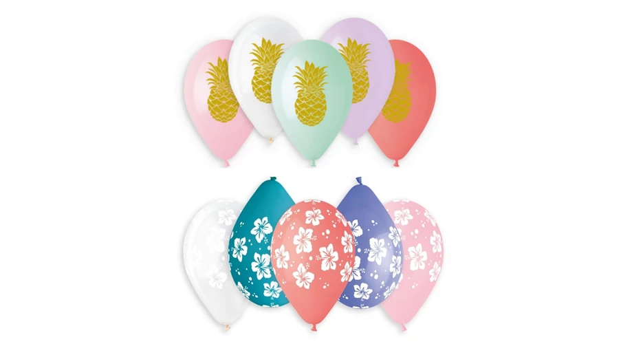 33 cm-es ananász-hibiszkusz printelt gumi léggömb - 10 db / csomag