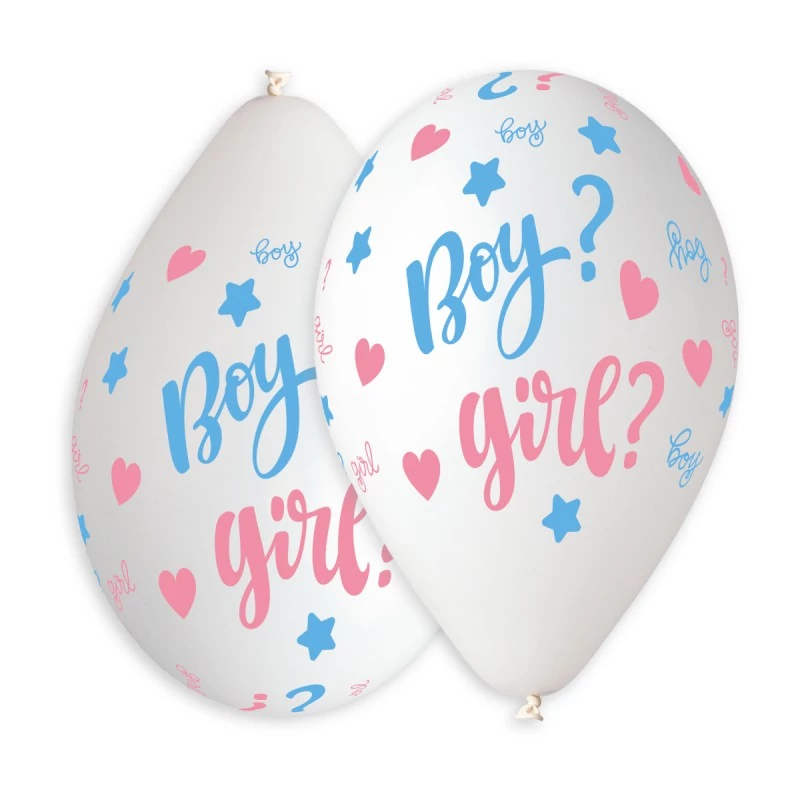 33 cm-es fehér Boy or Girl printelt gumi léggömb - 50 db / csomag