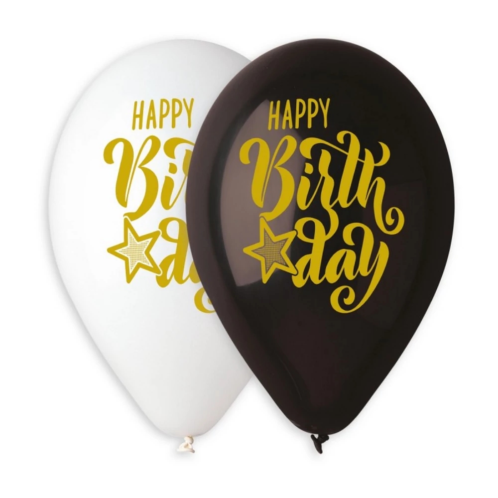 33 cm-es Happy Birthday kézzel írt, fekete-fehér printelt gumi léggömb 10 db/cs.