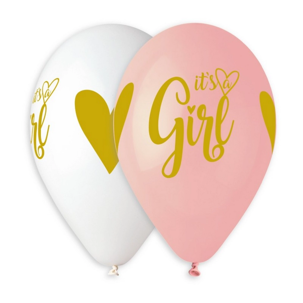 33 cm-es It's a Girl! arany színnel printelt fehér-baba rózsaszín gumi léggömb - 10 db / csomag