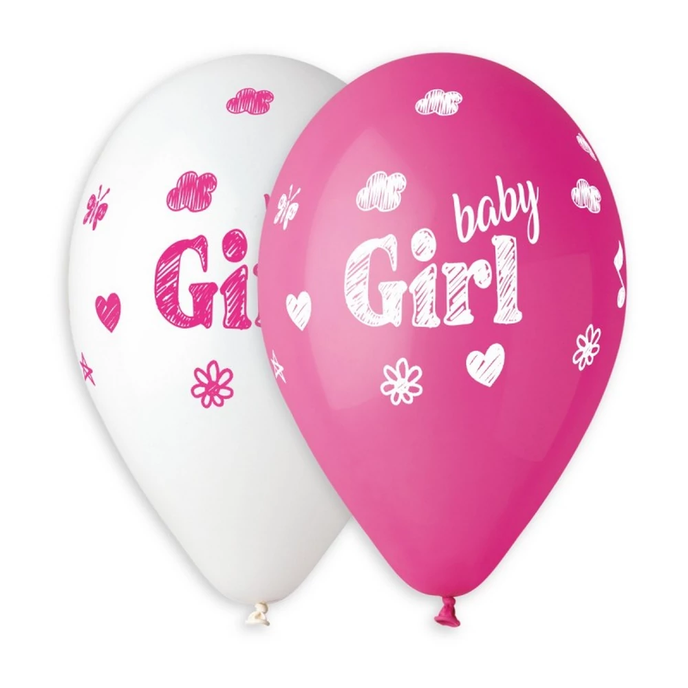 33 cm-es baby Girl printelt fehér-fuxia gumi léggömb - 10 db / csomag