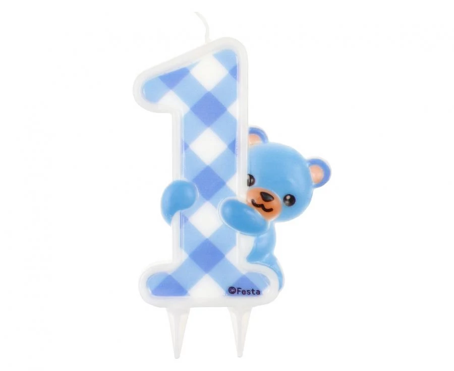 Teddy maci kék 1-es számgyertya - 12 cm x 7,2 cm