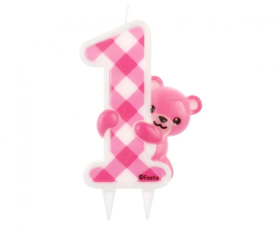 Teddy maci rózsaszín 1-es számgyertya - 12 cm x 7,2 cm