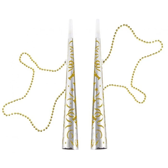 Trombita Happy New Year arany láncon, ezüst - 2 db / csomag