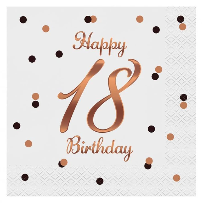 Happy Birthday 18. születésnapra fehér-rosegold szalvéta - 33 cm x 33 cm, 20 db / csomag