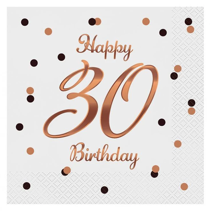 Happy Birthday 30. születésnapra fehér-rosegold szalvéta - 33 cm x 33 cm, 20 db / csomag
