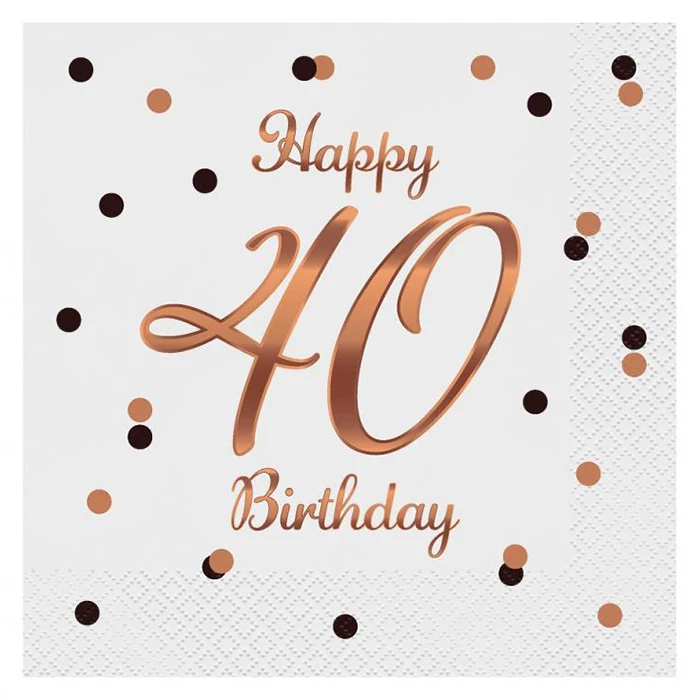 Happy Birthday 40. születésnapra fehér-rosegold szalvéta - 33 cm x 33 cm, 20 db / csomag
