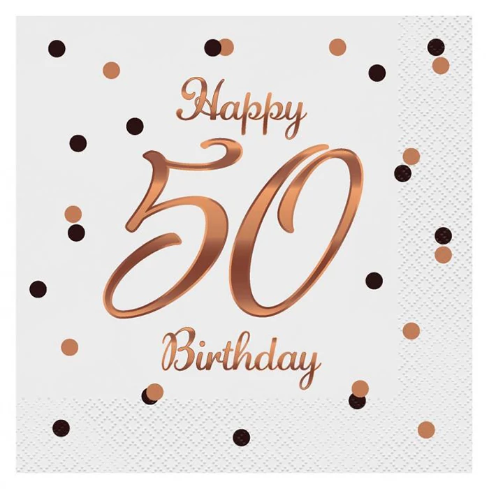 Happy Birthday 50. születésnapra fehér-rosegold szalvéta - 33 cm x 33 cm, 20 db / csomag
