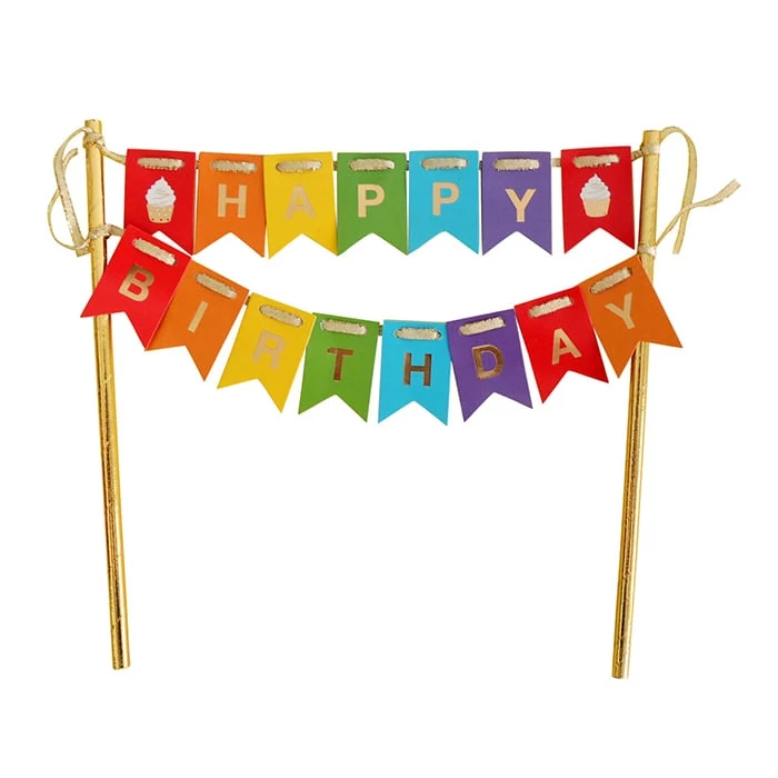 Happy Birthday tortadekoráció színes zászlókkal