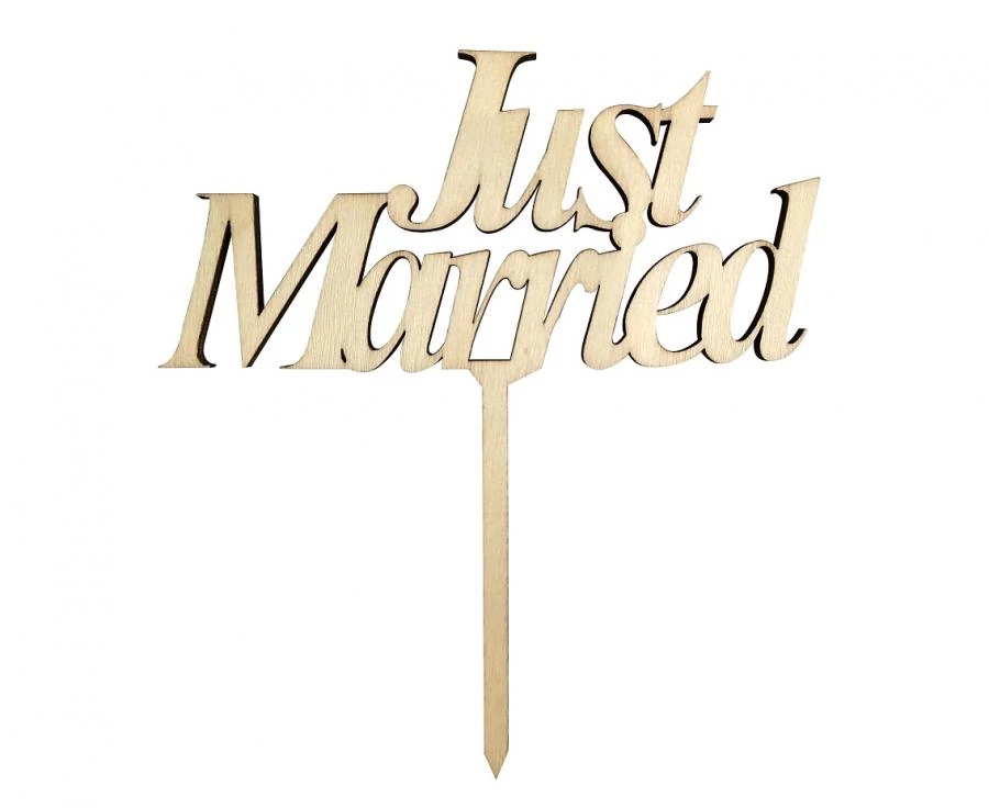 Just Married tortadekoráció fából - 13 cm x 14 cm