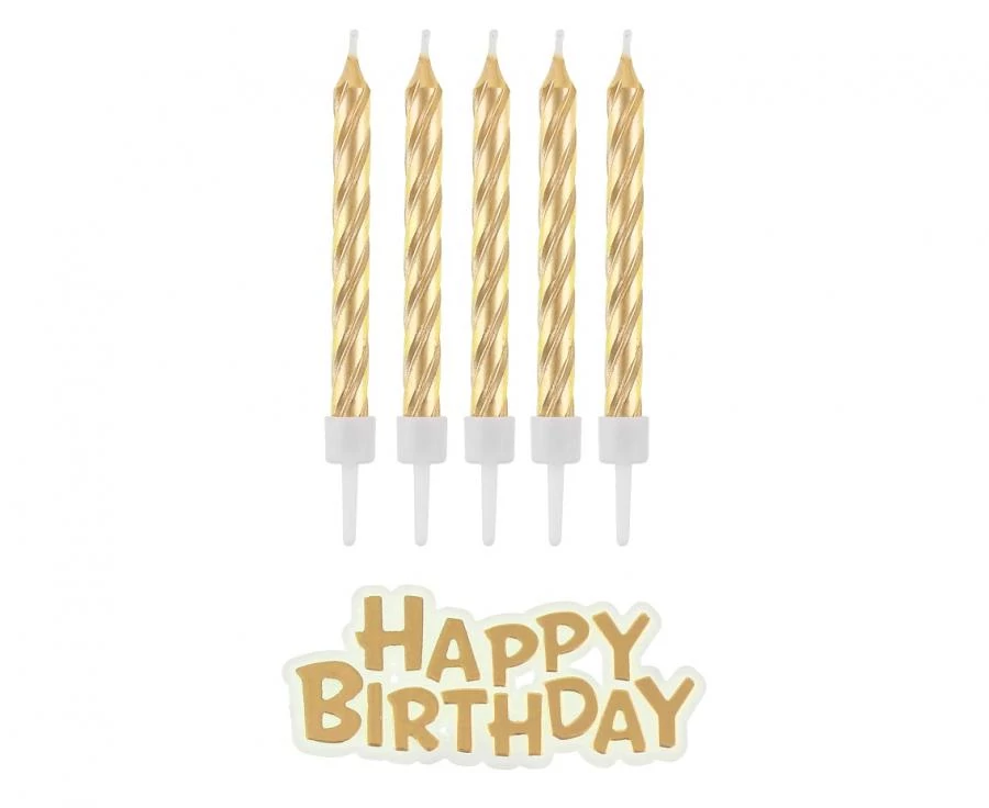 Arany csavart gyertya Happy Birthday táblával
