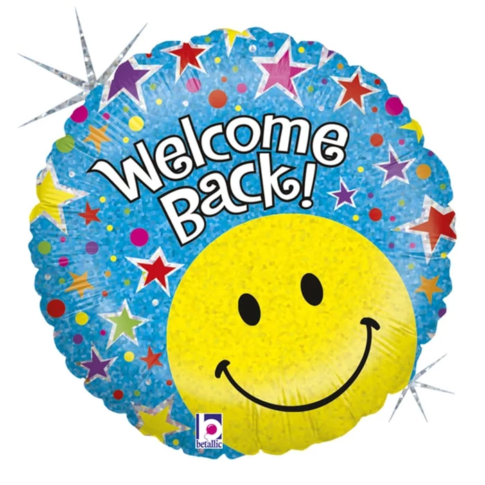 45 cm-es Welcome Back smiley hologramos fólia lufi