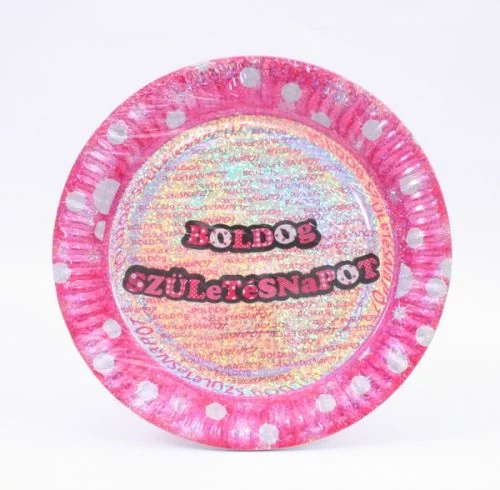 Pink Boldog Születésnapot hologrammos tányér 23 cm 6 db/cs.