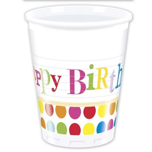 Pöttyös Happy Birthday műanyag pohár 200 ml 8 db/cs