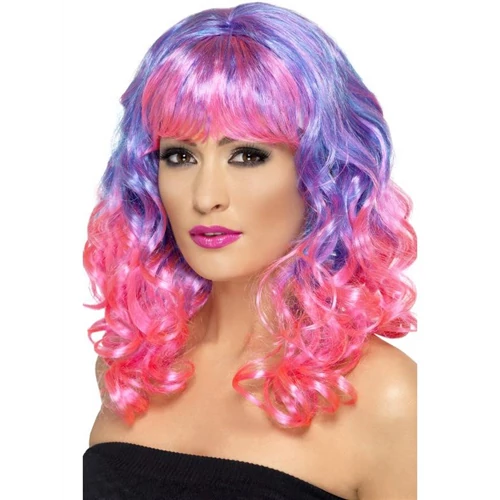Lila-pink hosszú göndör paróka