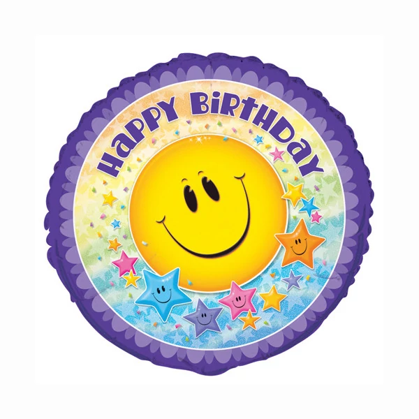 45 cm-es Csillagos smiley fólia lufi Happy Birthday felirattal