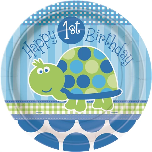 23 cm-es Happy 1st Birthsday teknősös tányér fiúknak 8 db/cs