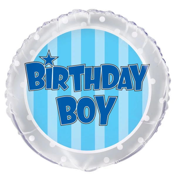 45 cm-es Kék csíkos Birthday Boy feliratos fólia lufi