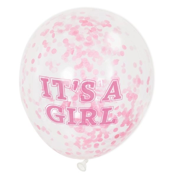 30 cm-es átlátszó It's a girl printelt gumi léggömb pink konfettivel 6db/cs