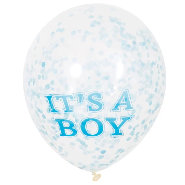 30 cm-es átlátszó It's a boy printelt gumi léggömb kék konfettivel - 6 db / csomag
