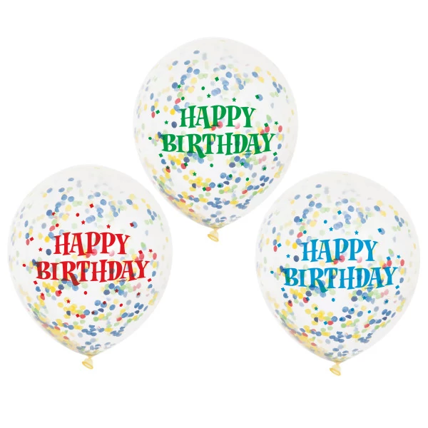 30 cm-es átlátszó Happy Birthday printelt gumi léggömb színes konfettivel 6db/cs.