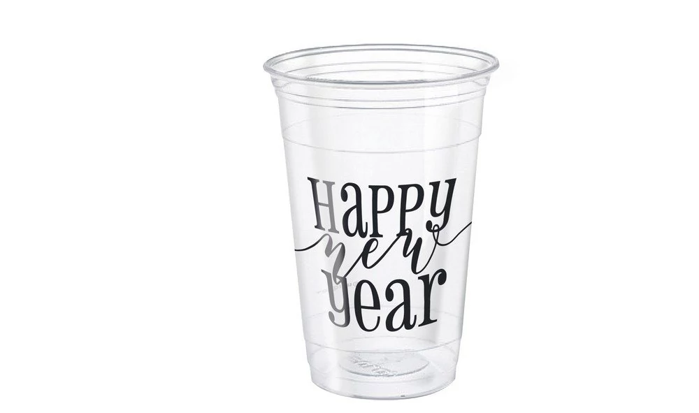Happy New Year feliratú, átlátszó, műanyag pohár 300ml, 8db/cs