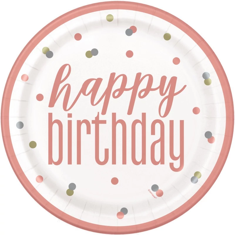 Happy Birthday rosegold tányér - 23 cm, 8 db / csomag