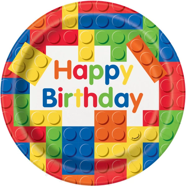 Happy Birthday építőkockás papírtányér, 23cm - 8db
