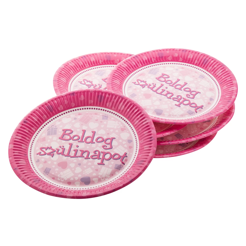 Pink Boldog Születésnapot feliratos tányér - 23 cm, 6 db / csomag