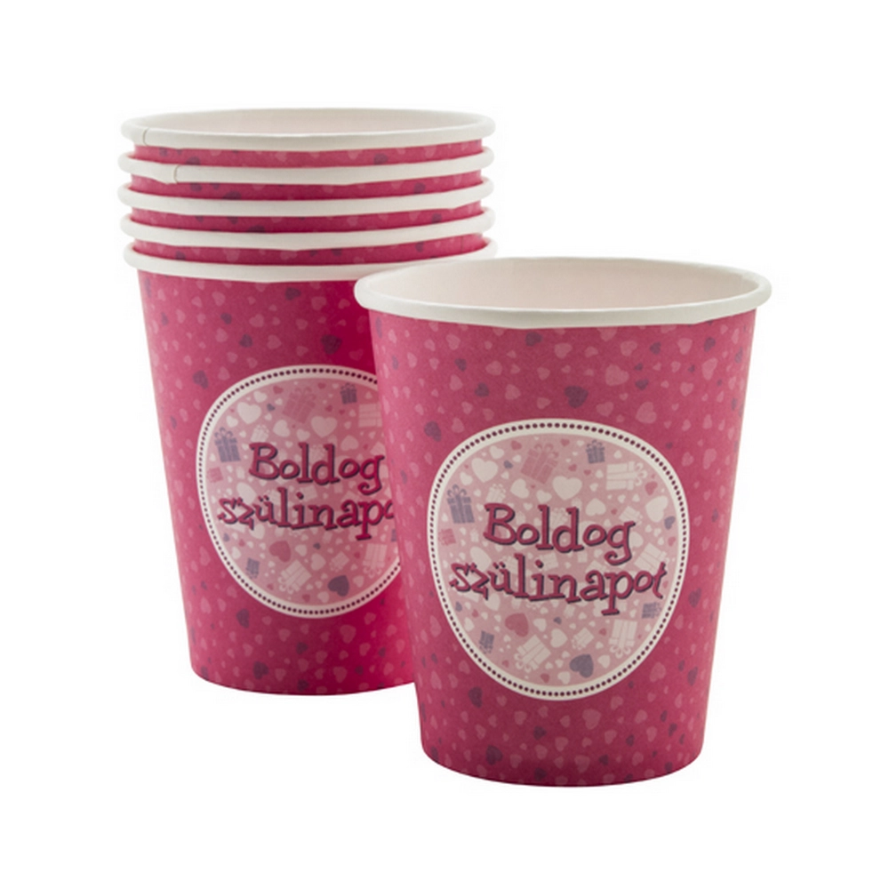 Pink Boldog Születésnapot feliratos pohár - 250 ml, 6 db / csomag