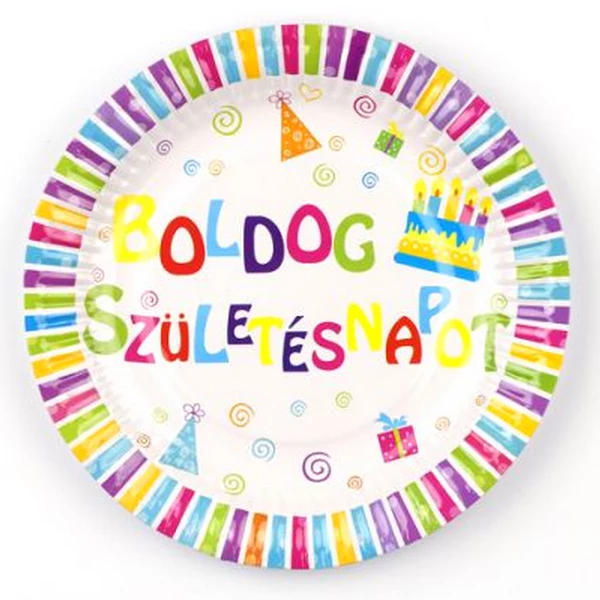 Boldog Születésnapot tortás papírtányér - 23 cm, 6 db / csomag