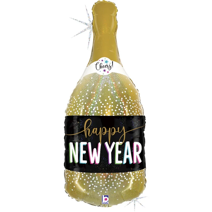 91 cm-es hologramos Happy New Year pezsgősüveg fólia lufi