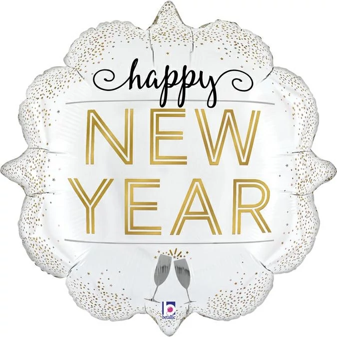 61 cm-es pezsgőspoharas Happy New Year kocka fólia lufi