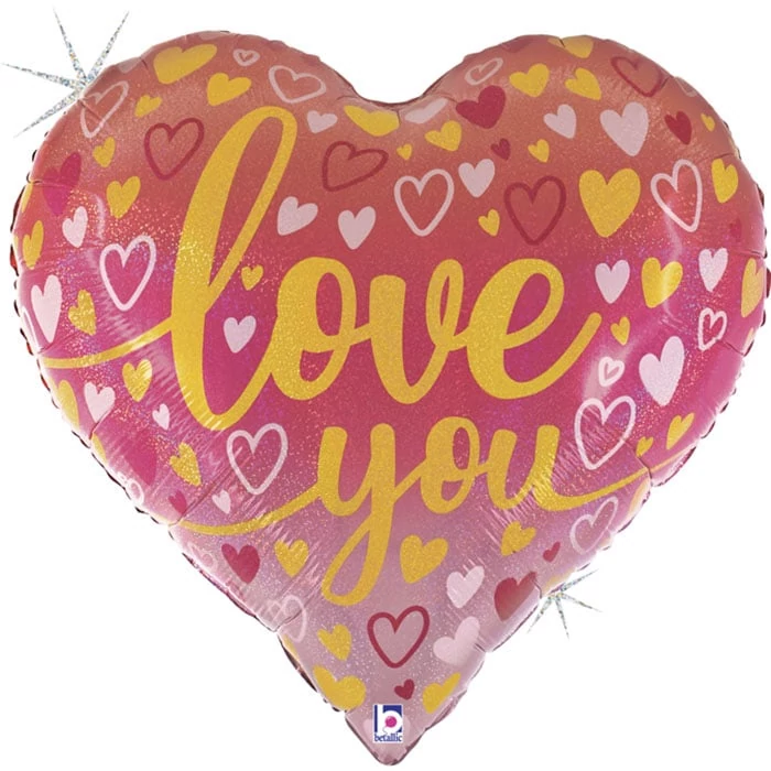 76 cm-es szíves hologrammos Love feliratú fólia lufi