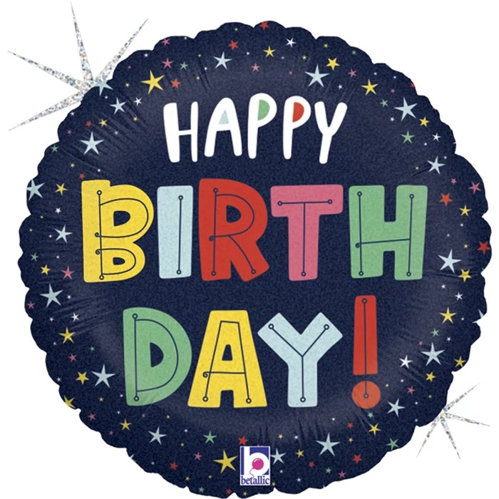 45 cm-es csillagos Happy Birthday hologramos fólia lufi
