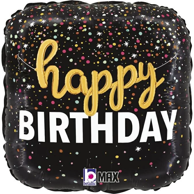 46 cm-es kocka alakú fekete Happy Birthday konfettis fólia lufi
