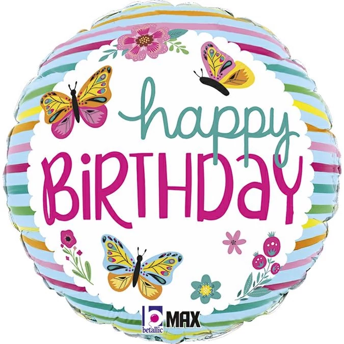 46 cm-es pillangós-csíkos Happy Birthday fólia lufi