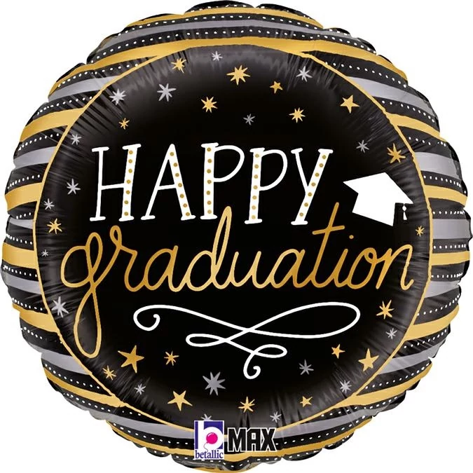 45 cm-es arany-fekete csíkos Happy graduation fólia lufi