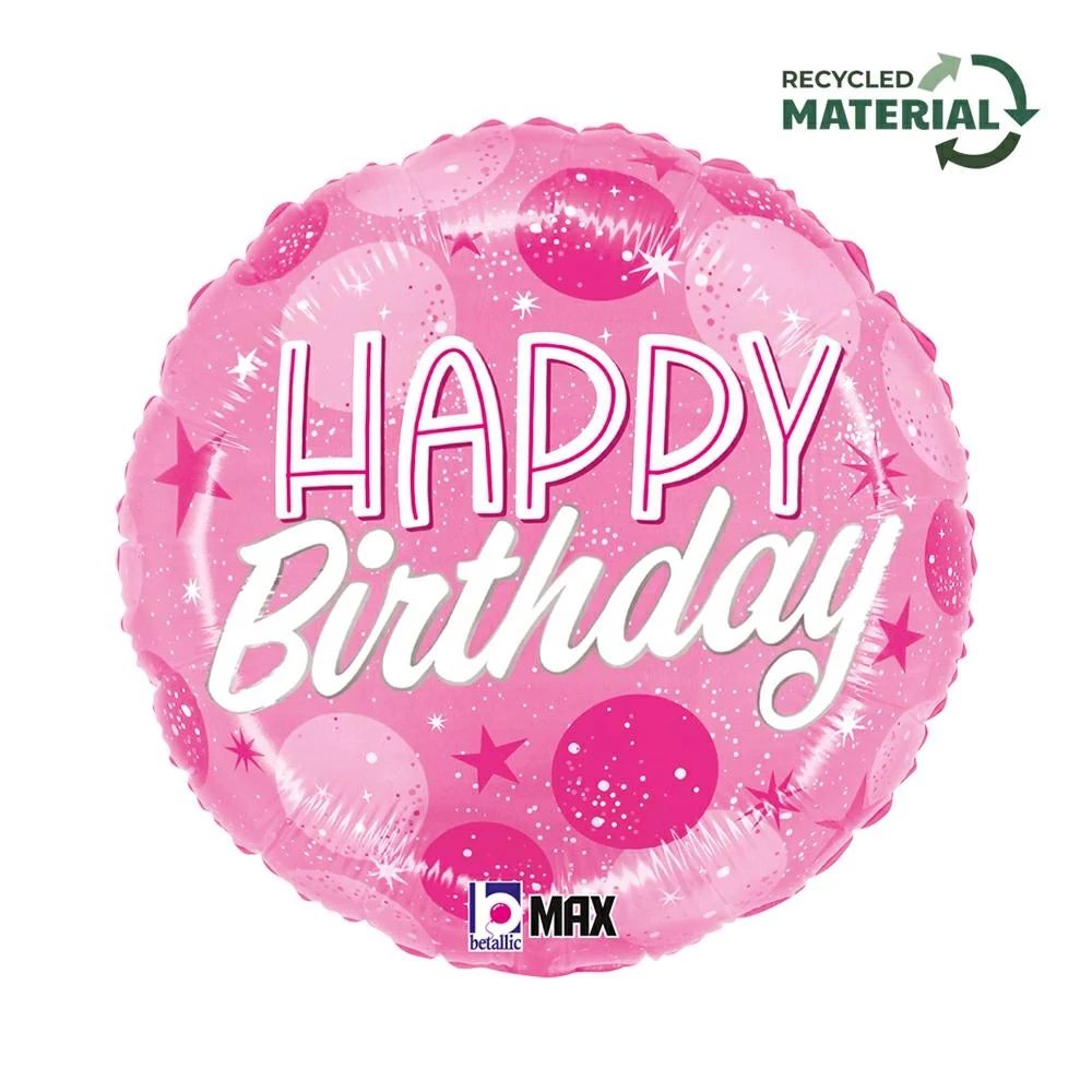 46 cm-es pink-fehér pöttyös Happy Birthday fólia lufi